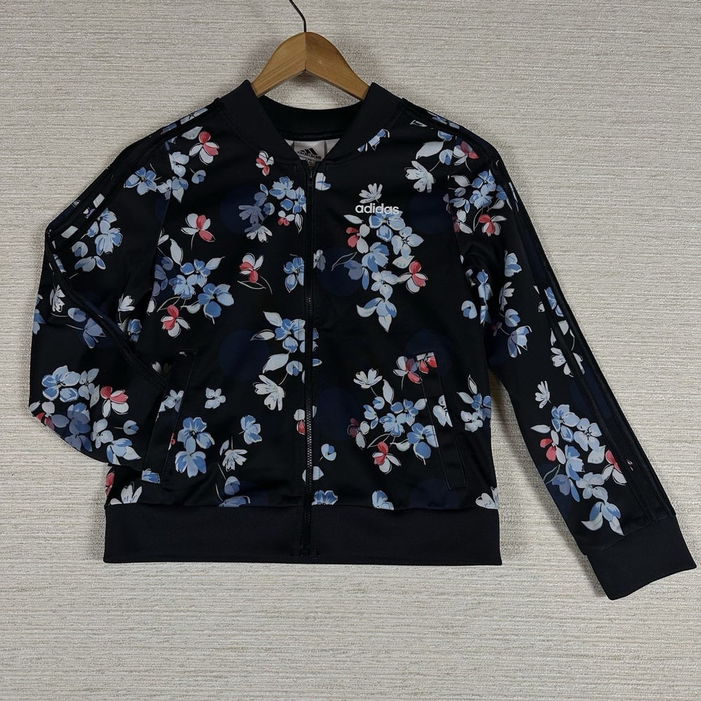 Adidas Youth Girl's Large (14) Full Zip Black Floral Track Jacket Cottagecore